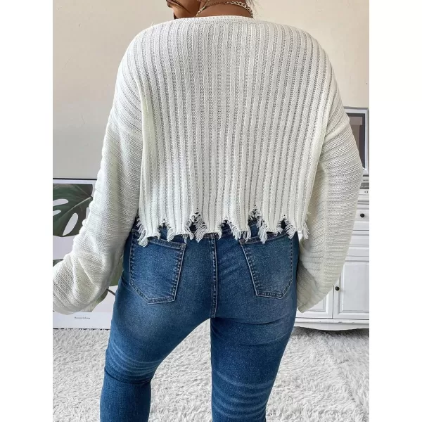 SweatyRocks Women's Plus Size Long Sleeve Drop Shoulder Crop Knit Sweater Distressed Raw Hem Casual Pullover Crop Sweaters
