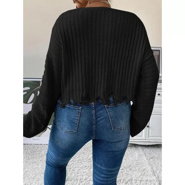 SweatyRocks Women's Plus Size Long Sleeve Drop Shoulder Crop Knit Sweater Distressed Raw Hem Casual Pullover Crop Sweaters