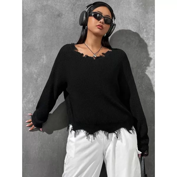 SweatyRocks Women's Plus Size Long Sleeve Drop Shoulder Crop Knit Sweater Distressed Raw Hem Casual Pullover Crop Sweaters