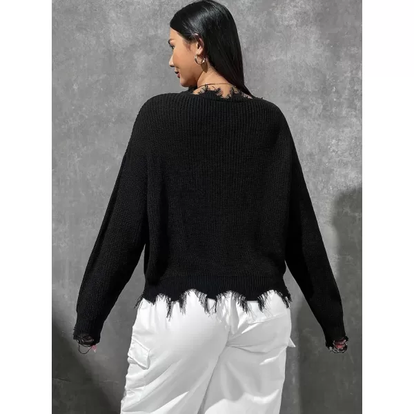 SweatyRocks Women's Plus Size Long Sleeve Drop Shoulder Crop Knit Sweater Distressed Raw Hem Casual Pullover Crop Sweaters