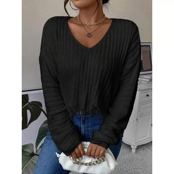 SweatyRocks Women's Plus Size Long Sleeve Drop Shoulder Crop Knit Sweater Distressed Raw Hem Casual Pullover Crop Sweaters