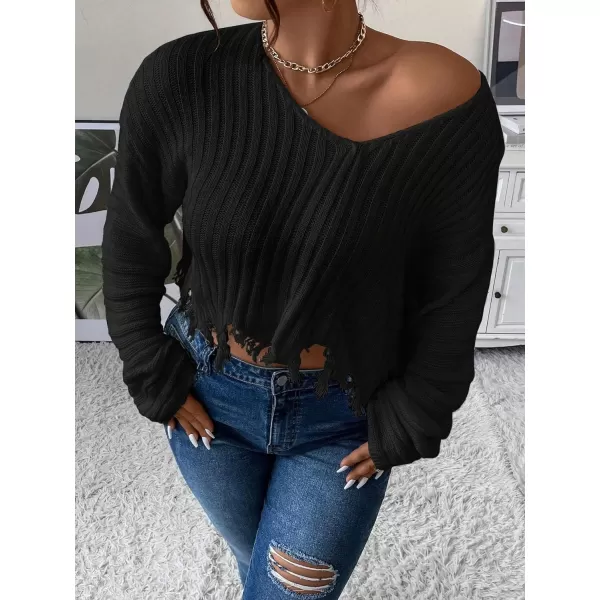 SweatyRocks Women's Plus Size Long Sleeve Drop Shoulder Crop Knit Sweater Distressed Raw Hem Casual Pullover Crop Sweaters