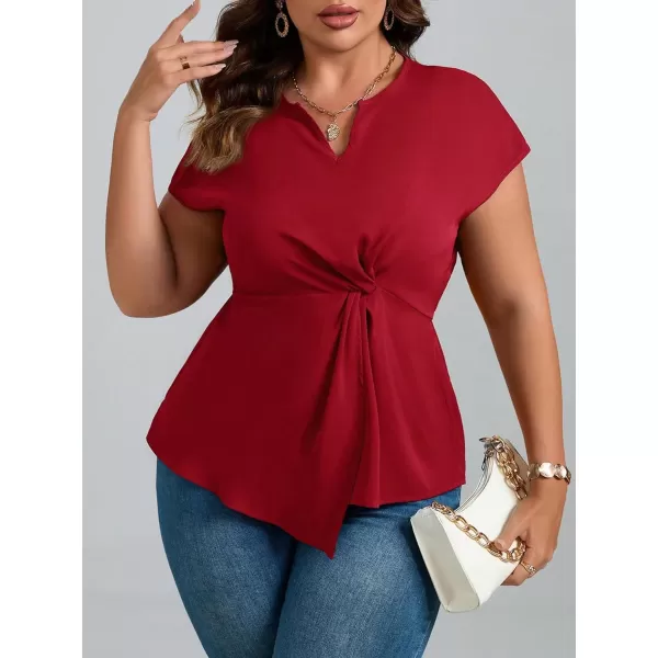 SweatyRocks Women's Plus Size Twist Front Asymmetrical Hem Peplum Blouse Short Sleeve V Neck Shirts Top