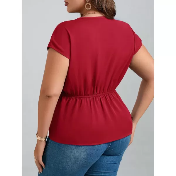 SweatyRocks Women's Plus Size Twist Front Asymmetrical Hem Peplum Blouse Short Sleeve V Neck Shirts Top