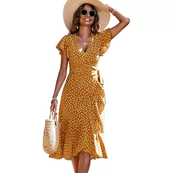 SweatyRocks Women's Polka Dots Short Sleeve V Neck Wrap Dress Tie Side Ruffle Midi Dresses