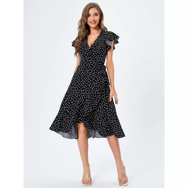 SweatyRocks Women's Polka Dots Short Sleeve V Neck Wrap Dress Tie Side Ruffle Midi Dresses