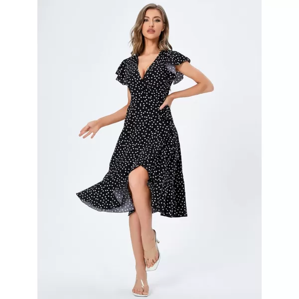 SweatyRocks Women's Polka Dots Short Sleeve V Neck Wrap Dress Tie Side Ruffle Midi Dresses