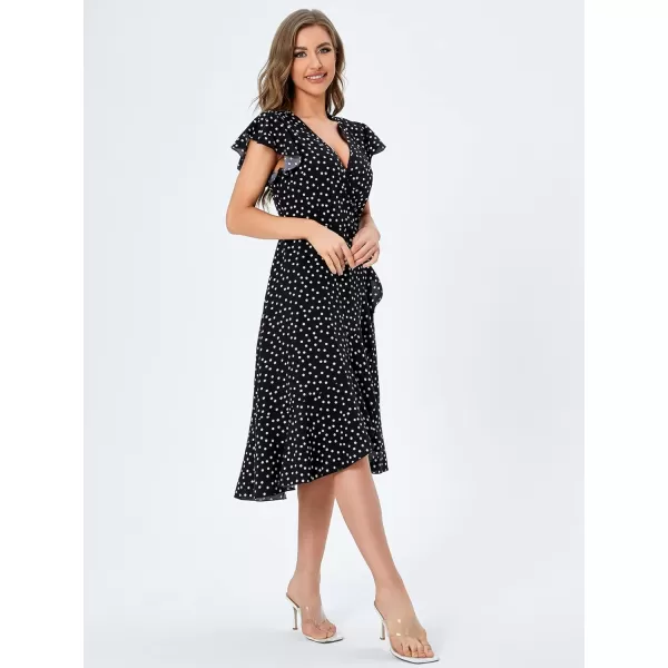 SweatyRocks Women's Polka Dots Short Sleeve V Neck Wrap Dress Tie Side Ruffle Midi Dresses