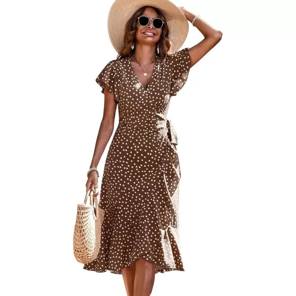 SweatyRocks Women's Polka Dots Short Sleeve V Neck Wrap Dress Tie Side Ruffle Midi Dresses