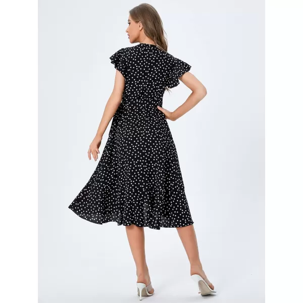 SweatyRocks Women's Polka Dots Short Sleeve V Neck Wrap Dress Tie Side Ruffle Midi Dresses