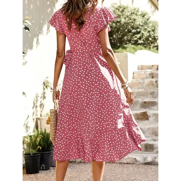 SweatyRocks Women's Polka Dots Short Sleeve V Neck Wrap Dress Tie Side Ruffle Midi Dresses