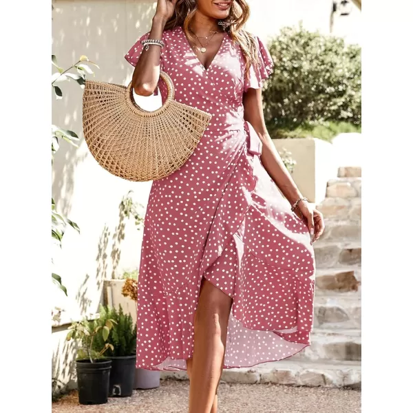 SweatyRocks Women's Polka Dots Short Sleeve V Neck Wrap Dress Tie Side Ruffle Midi Dresses