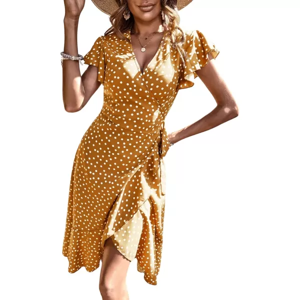 SweatyRocks Women's Polka Dots Short Sleeve V Neck Wrap Dress Tie Side Ruffle Midi Dresses