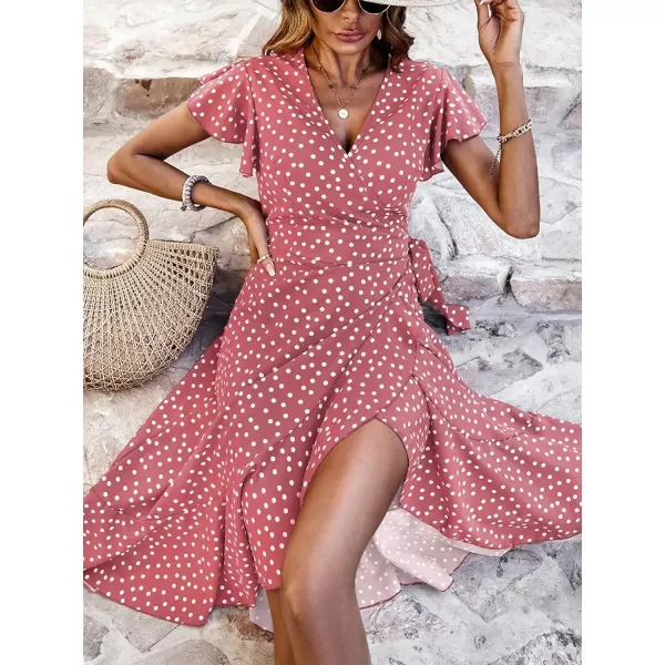 SweatyRocks Women's Polka Dots Short Sleeve V Neck Wrap Dress Tie Side Ruffle Midi Dresses