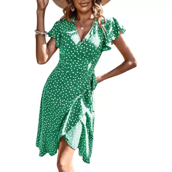 SweatyRocks Women's Polka Dots Short Sleeve V Neck Wrap Dress Tie Side Ruffle Midi Dresses