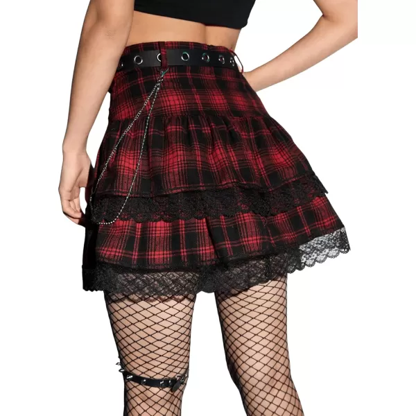 SweatyRocks Women's Punk Gothic Skirt High Waist Mini Plaid Pleated Skirt Lace A-Line Skater Skirt with Belt