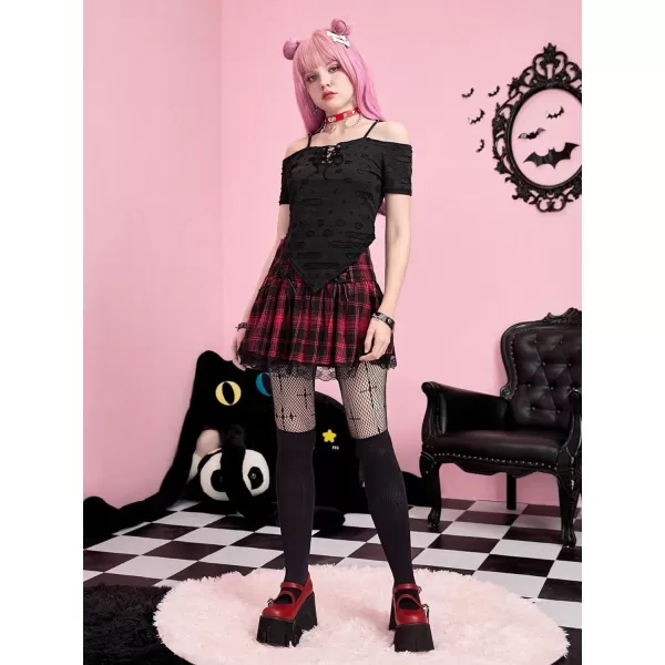 SweatyRocks Women's Punk Gothic Skirt High Waist Mini Plaid Pleated Skirt Lace A-Line Skater Skirt with Belt