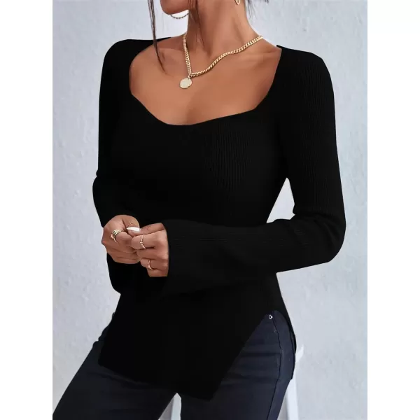 SweatyRocks Women's Ribbed Knit Split Hem Top Long Sleeve Square Neck Slim Fit Sweater