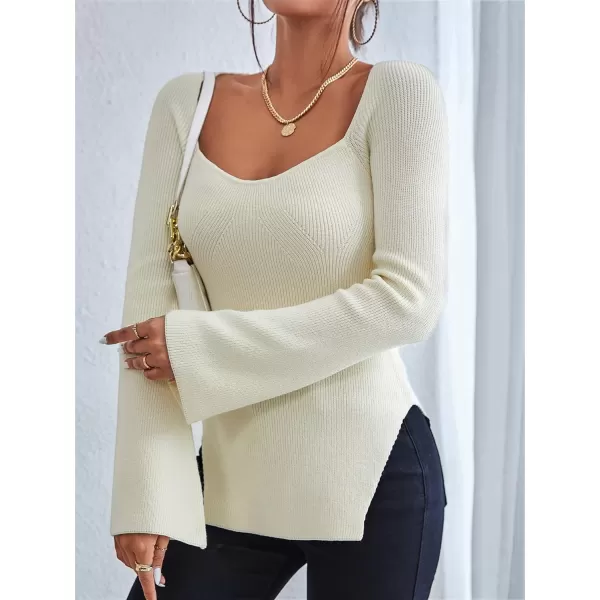 SweatyRocks Women's Ribbed Knit Split Hem Top Long Sleeve Square Neck Slim Fit Sweater