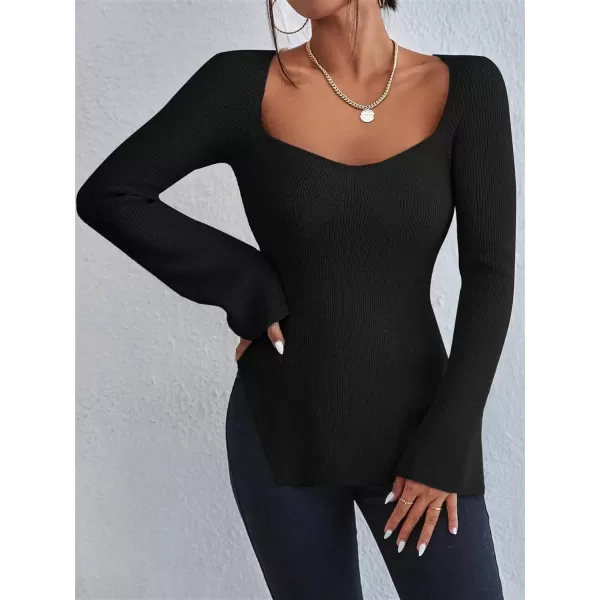 SweatyRocks Women's Ribbed Knit Split Hem Top Long Sleeve Square Neck Slim Fit Sweater