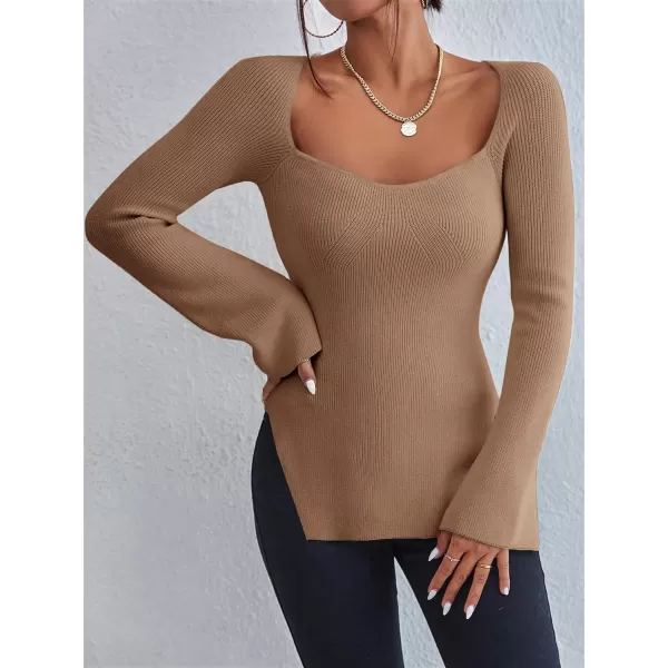 SweatyRocks Women's Ribbed Knit Split Hem Top Long Sleeve Square Neck Slim Fit Sweater