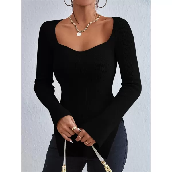 SweatyRocks Women's Ribbed Knit Split Hem Top Long Sleeve Square Neck Slim Fit Sweater