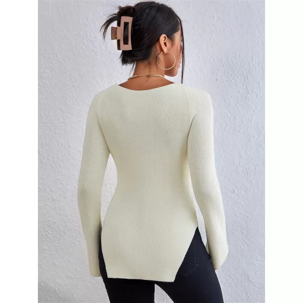 SweatyRocks Women's Ribbed Knit Split Hem Top Long Sleeve Square Neck Slim Fit Sweater