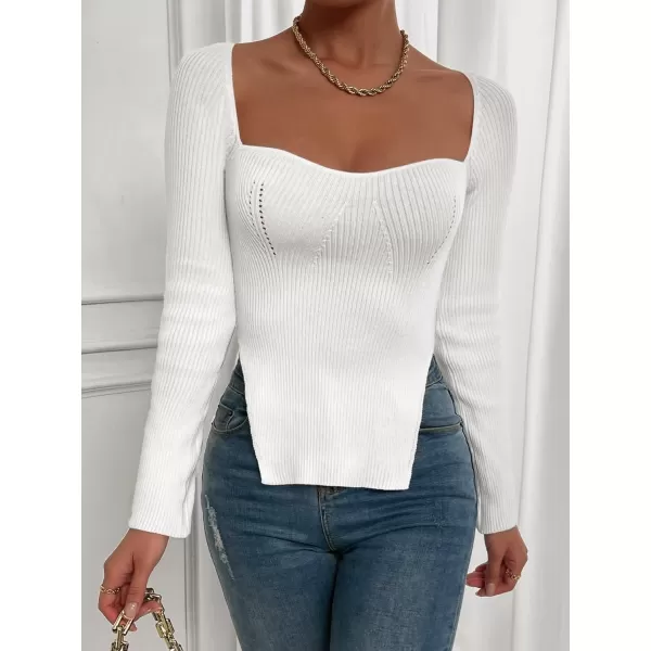 SweatyRocks Women's Ribbed Knit Split Hem Top Long Sleeve Square Neck Slim Fit Sweater