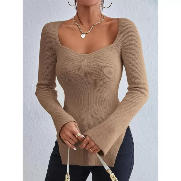 SweatyRocks Women's Ribbed Knit Split Hem Top Long Sleeve Square Neck Slim Fit Sweater
