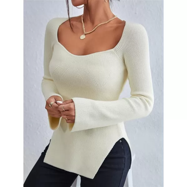 SweatyRocks Women's Ribbed Knit Split Hem Top Long Sleeve Square Neck Slim Fit Sweater