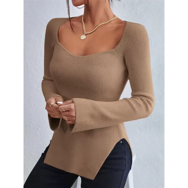 SweatyRocks Women's Ribbed Knit Split Hem Top Long Sleeve Square Neck Slim Fit Sweater