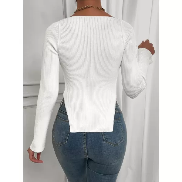 SweatyRocks Women's Ribbed Knit Split Hem Top Long Sleeve Square Neck Slim Fit Sweater