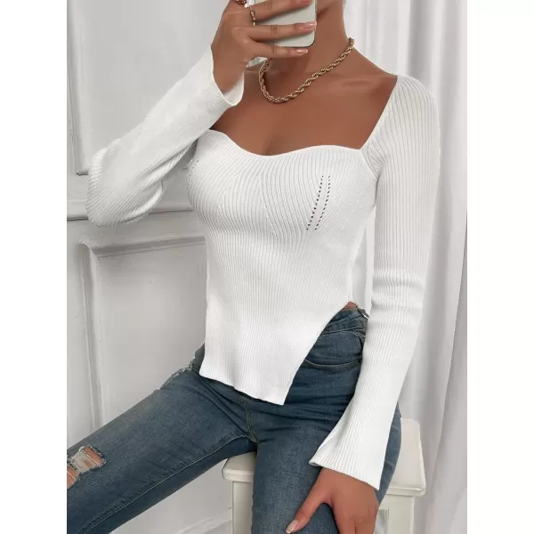 SweatyRocks Women's Ribbed Knit Split Hem Top Long Sleeve Square Neck Slim Fit Sweater