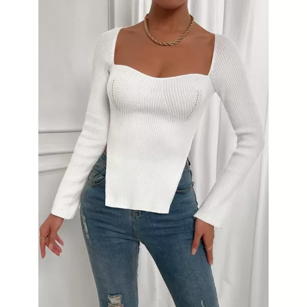 SweatyRocks Women's Ribbed Knit Split Hem Top Long Sleeve Square Neck Slim Fit Sweater