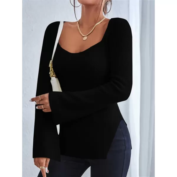 SweatyRocks Women's Ribbed Knit Split Hem Top Long Sleeve Square Neck Slim Fit Sweater