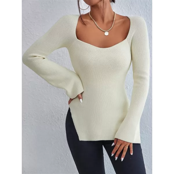 SweatyRocks Women's Ribbed Knit Split Hem Top Long Sleeve Square Neck Slim Fit Sweater