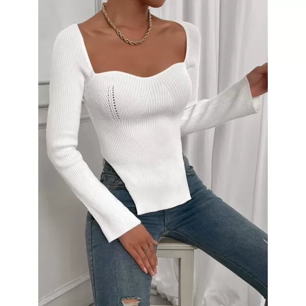 SweatyRocks Women's Ribbed Knit Split Hem Top Long Sleeve Square Neck Slim Fit Sweater