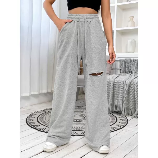 SweatyRocks Women's Ripped Drawstring High Waist Baggy Straight Leg Joggers Sweatpants with Pockets
