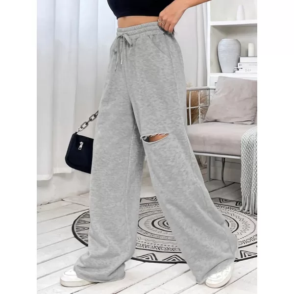 SweatyRocks Women's Ripped Drawstring High Waist Baggy Straight Leg Joggers Sweatpants with Pockets