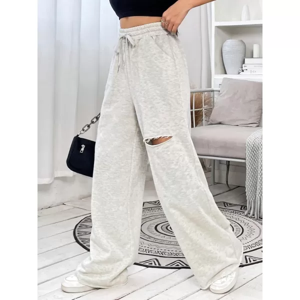 SweatyRocks Women's Ripped Drawstring High Waist Baggy Straight Leg Joggers Sweatpants with Pockets