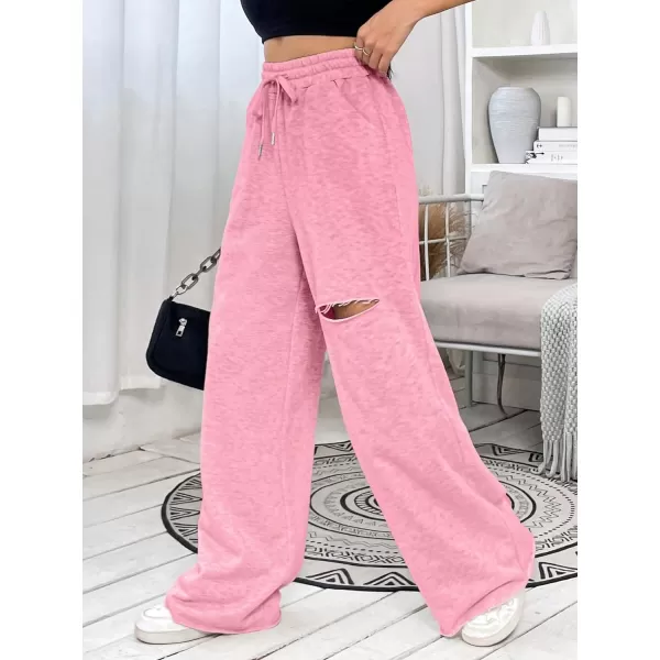 SweatyRocks Women's Ripped Drawstring High Waist Baggy Straight Leg Joggers Sweatpants with Pockets