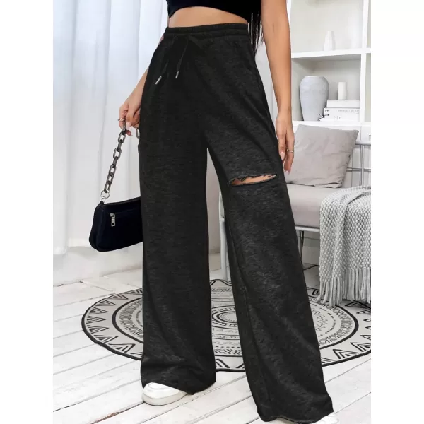 SweatyRocks Women's Ripped Drawstring High Waist Baggy Straight Leg Joggers Sweatpants with Pockets