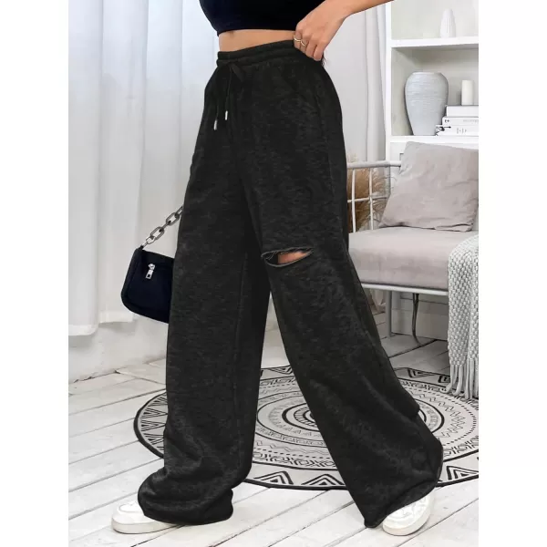 SweatyRocks Women's Ripped Drawstring High Waist Baggy Straight Leg Joggers Sweatpants with Pockets