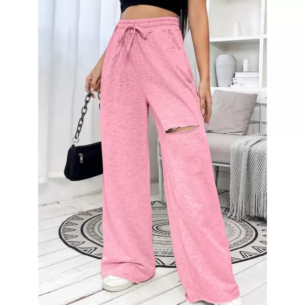 SweatyRocks Women's Ripped Drawstring High Waist Baggy Straight Leg Joggers Sweatpants with Pockets