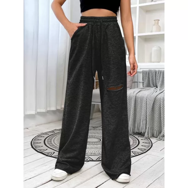 SweatyRocks Women's Ripped Drawstring High Waist Baggy Straight Leg Joggers Sweatpants with Pockets