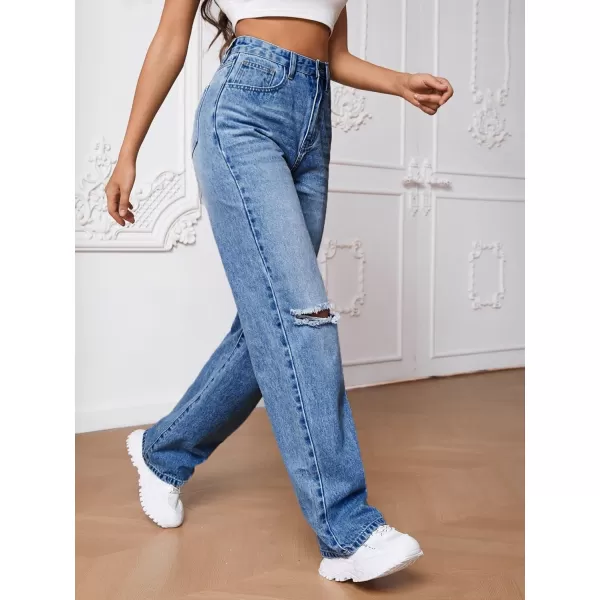 SweatyRocks Women's Ripped Straight Leg Jeans High Waist Distressed Cutout Denim Pants