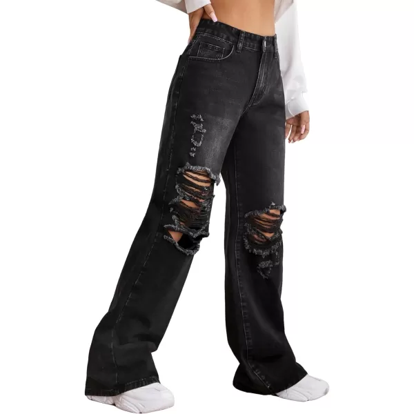 SweatyRocks Women's Ripped Straight Leg Jeans High Waist Distressed Cutout Denim Pants