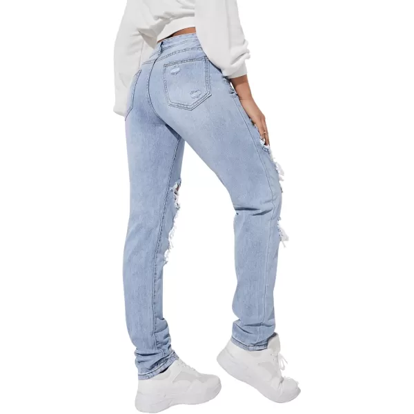 SweatyRocks Women's Ripped Straight Leg Jeans High Waist Distressed Cutout Denim Pants
