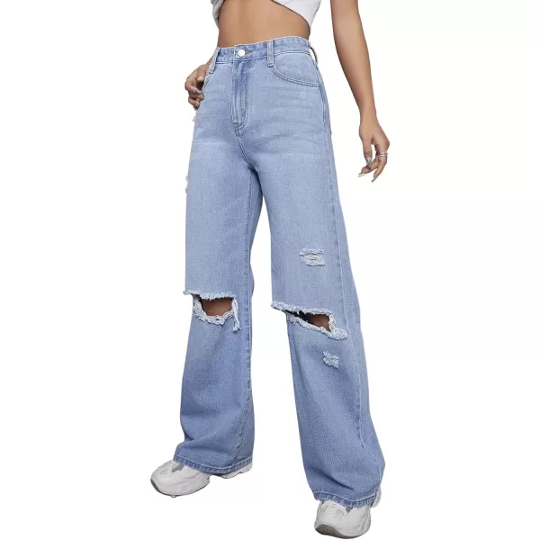 SweatyRocks Women's Ripped Straight Leg Jeans High Waist Distressed Cutout Denim Pants