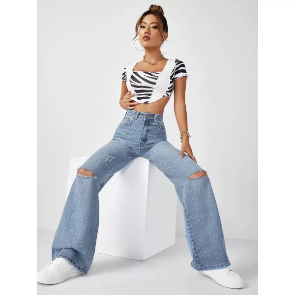 SweatyRocks Women's Ripped Straight Leg Jeans High Waist Distressed Cutout Denim Pants
